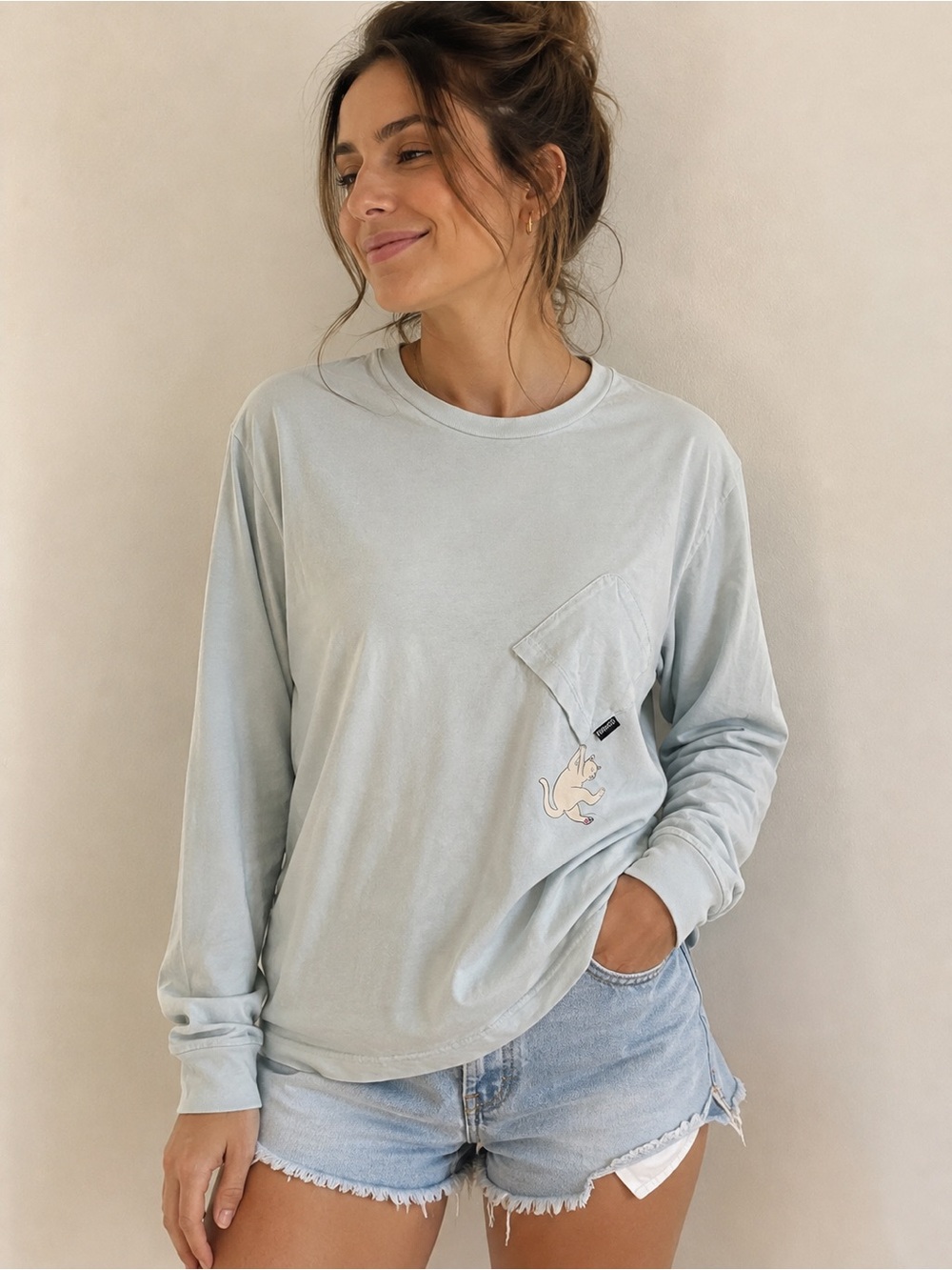 Ripndip Pale Blue Long Sleeve Pocket Tee with Cat Patch oversized size small